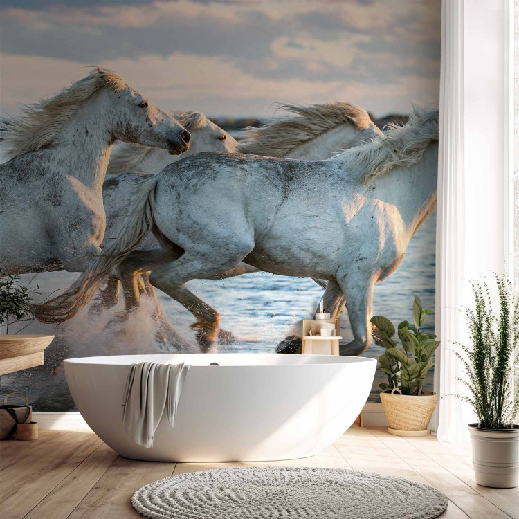 Wall Mural Race - white horses galloping on water against a calm sky 126188 additionalImage 8