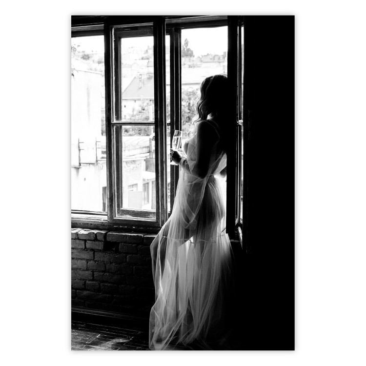 Wall Poster Traveling Memory - black and white landscape of a woman against a window backdrop 132288