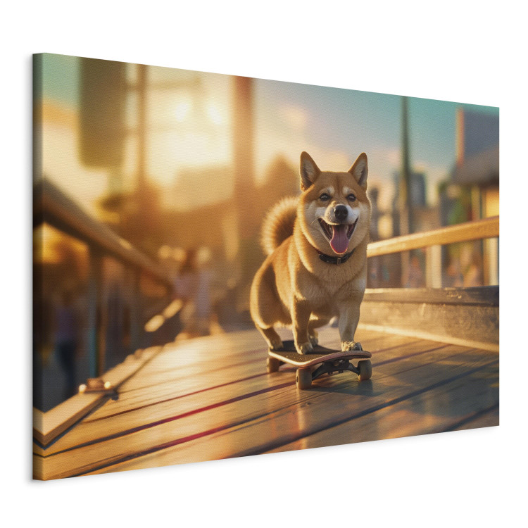 Canvas Art Print AI Shiba Dog - Smiling Animal on Skateboard at Sunset - Horizontal 150288 additionalImage 2