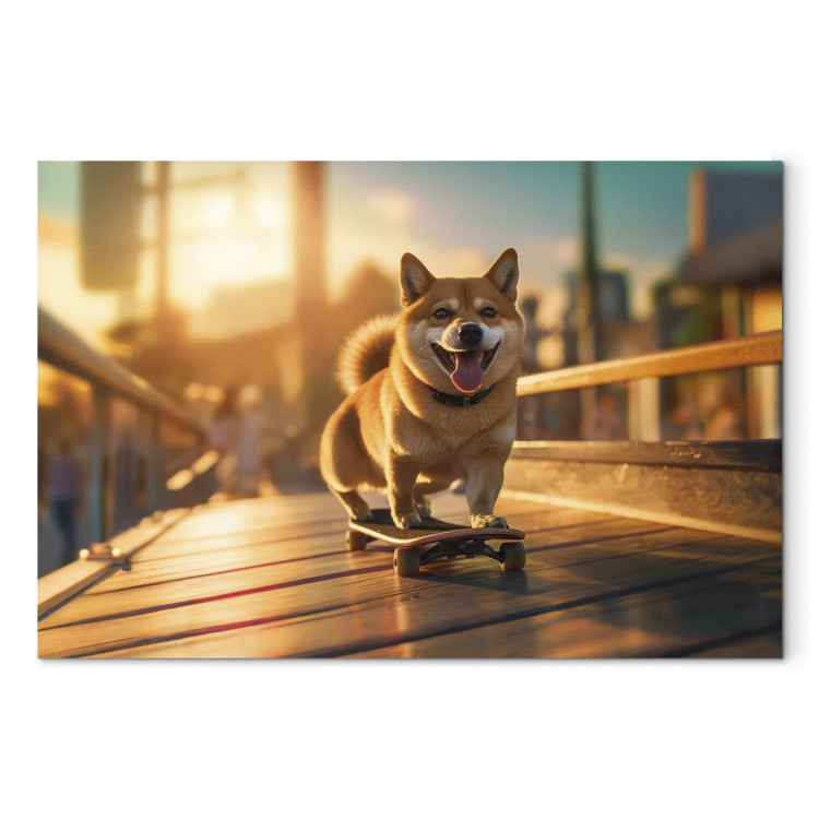Canvas Art Print AI Shiba Dog - Smiling Animal on Skateboard at Sunset - Horizontal 150288