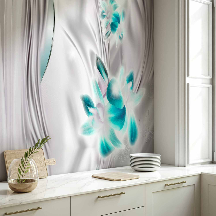 Photo Wallpaper Orchids in platinum - turquoise floral motif on a water effect background 96688 additionalImage 7