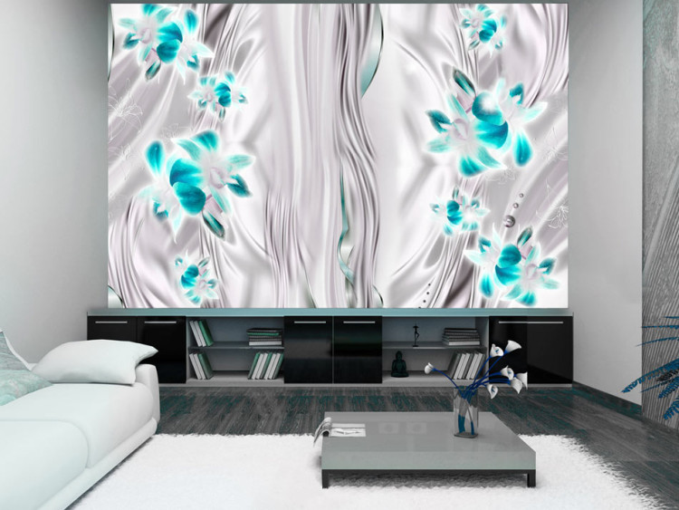 Photo Wallpaper Orchids in platinum - turquoise floral motif on a water effect background 96688