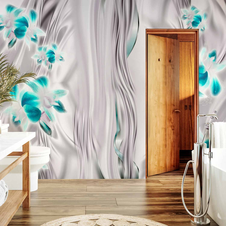 Photo Wallpaper Orchids in platinum - turquoise floral motif on a water effect background 96688 additionalImage 8