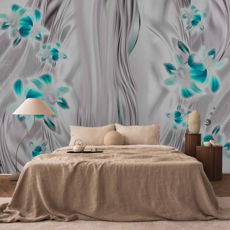 Photo Wallpaper Orchids in platinum - turquoise floral motif on a water effect background 96688 additionalImage 2