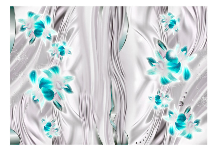 Photo Wallpaper Orchids in platinum - turquoise floral motif on a water effect background 96688 additionalImage 1