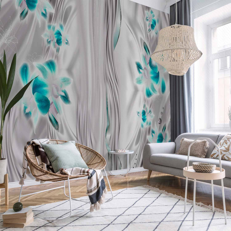 Photo Wallpaper Orchids in platinum - turquoise floral motif on a water effect background 96688