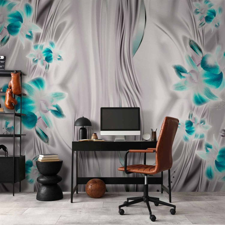 Photo Wallpaper Orchids in platinum - turquoise floral motif on a water effect background 96688 additionalImage 4