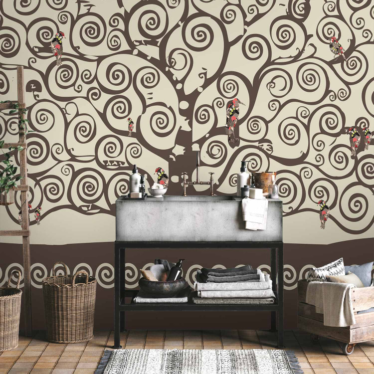 Wall Mural Abstraction in the style of Gustav Klimt - brown tree in spirals with birds 97688 additionalImage 8