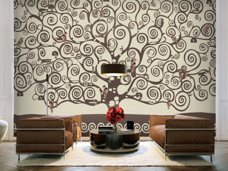 Wall Mural Abstraction in the style of Gustav Klimt - brown tree in spirals with birds 97688