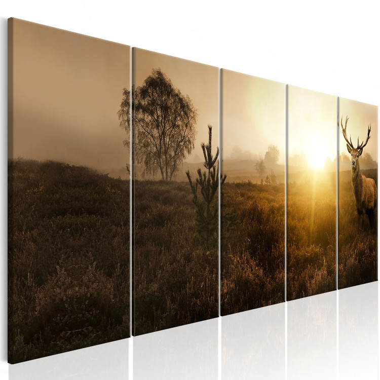 Canvas Art Print Morning Fields (5-piece) - Deer amidst Grass and Distant Trees 106098 additionalImage 2