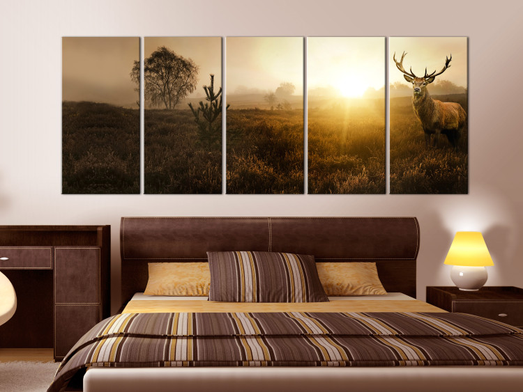 Canvas Art Print Morning Fields (5-piece) - Deer amidst Grass and Distant Trees 106098 additionalImage 3