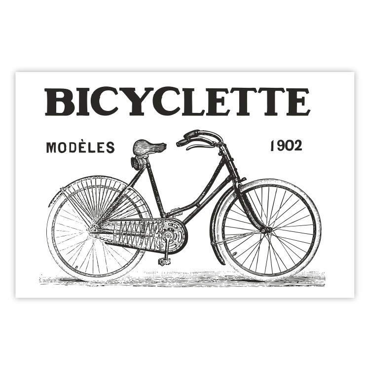 Wall Poster Old bicycle - black and white composition with a date and English texts 115098