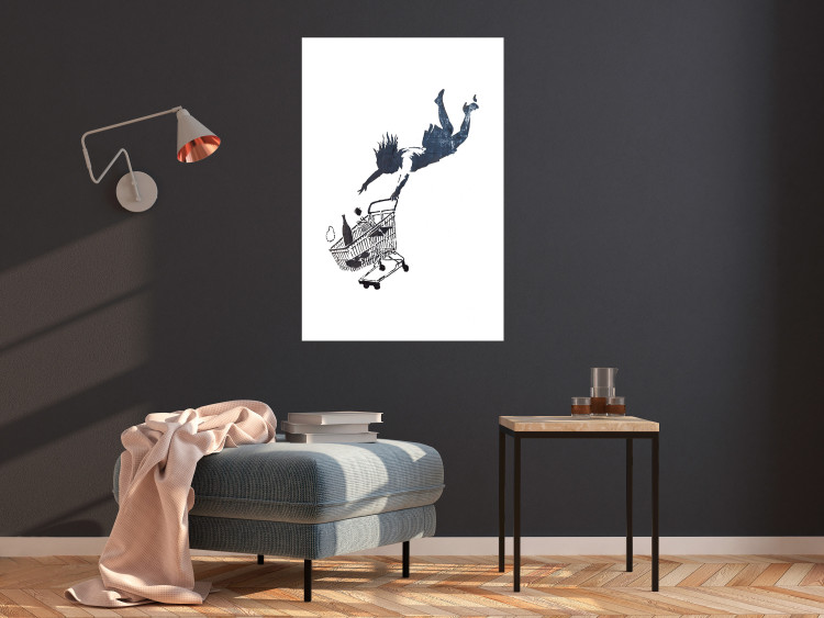 Wall Poster Shopping Frenzy - black and white mural with a character and shopping cart in Banksy style 118698 additionalImage 2