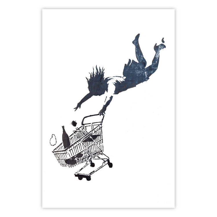 Wall Poster Shopping Frenzy - black and white mural with a character and shopping cart in Banksy style 118698