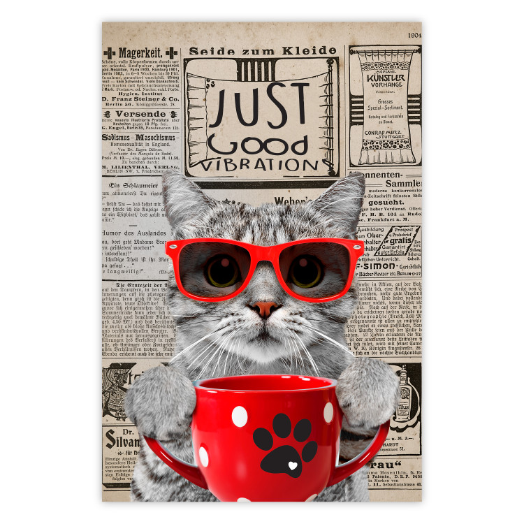 Wall Poster Cat with Coffee - funny composition with domestic pet and text in the background 129098