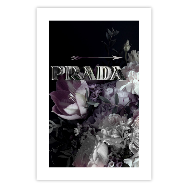 Poster Prada in Flowers - composition of flowers and silver text on a black background 131798 additionalImage 19