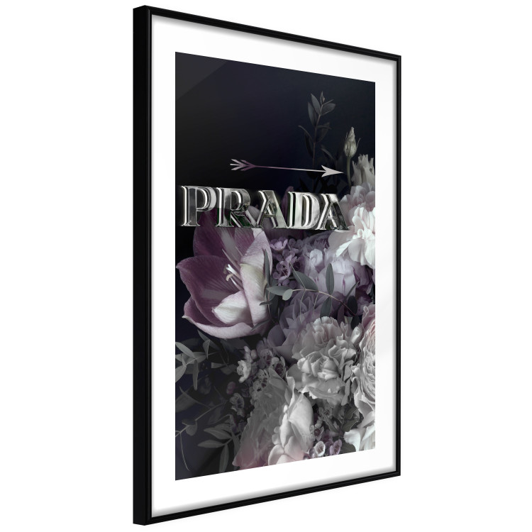 Poster Prada in Flowers - composition of flowers and silver text on a black background 131798 additionalImage 2