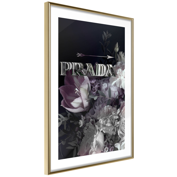 Poster Prada in Flowers - composition of flowers and silver text on a black background 131798 additionalImage 4