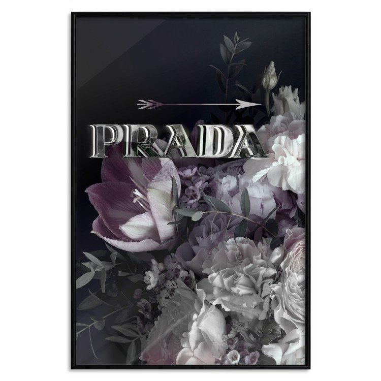 Poster Prada in Flowers - composition of flowers and silver text on a black background 131798 additionalImage 16