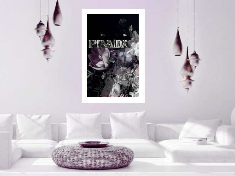Poster Prada in Flowers - composition of flowers and silver text on a black background 131798 additionalImage 12