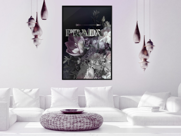 Poster Prada in Flowers - composition of flowers and silver text on a black background 131798 additionalImage 9