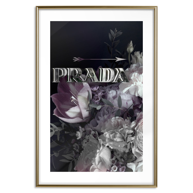 Poster Prada in Flowers - composition of flowers and silver text on a black background 131798 additionalImage 14