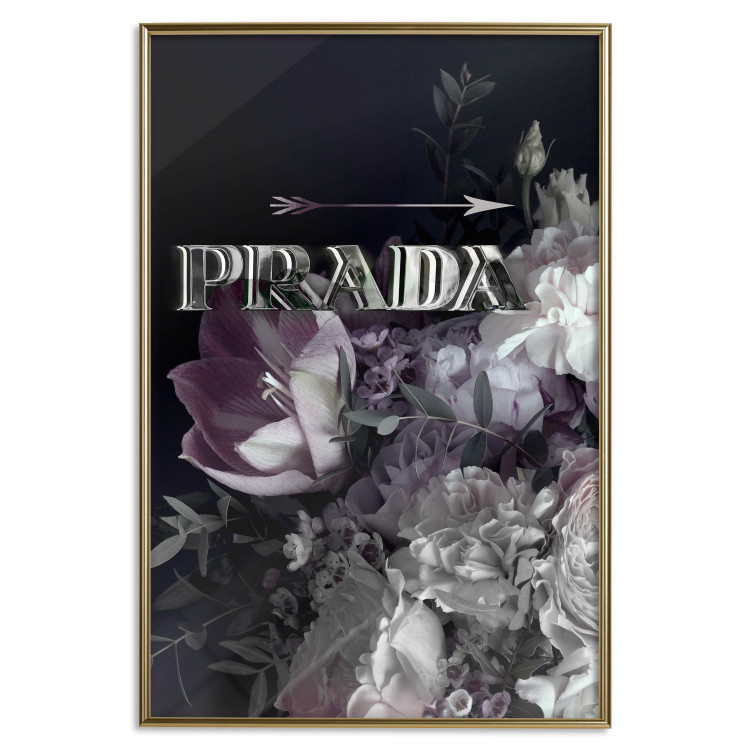 Poster Prada in Flowers - composition of flowers and silver text on a black background 131798 additionalImage 17