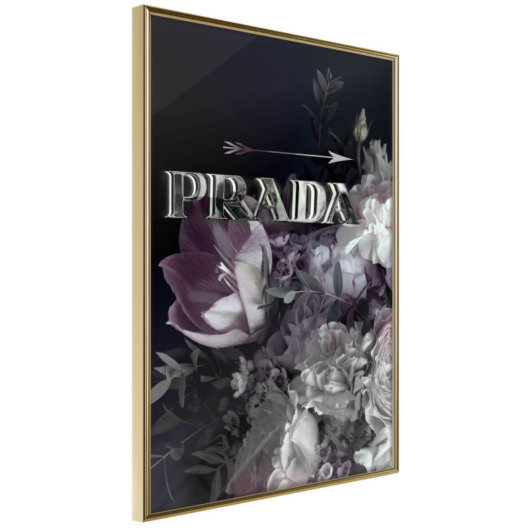 Poster Prada in Flowers - composition of flowers and silver text on a black background 131798 additionalImage 6