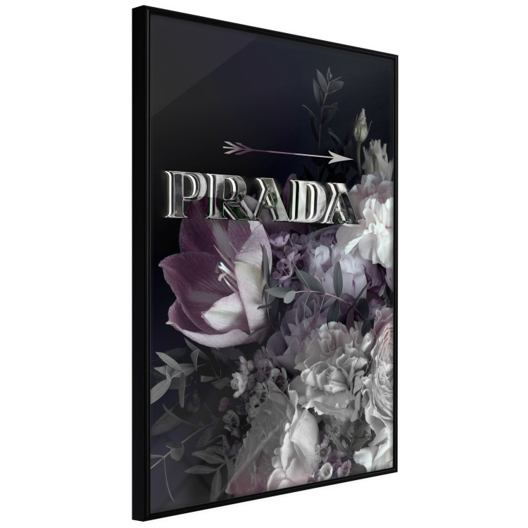 Poster Prada in Flowers - composition of flowers and silver text on a black background 131798 additionalImage 3