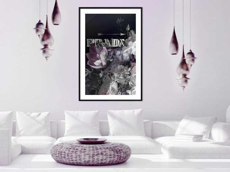 Poster Prada in Flowers - composition of flowers and silver text on a black background 131798 additionalImage 18