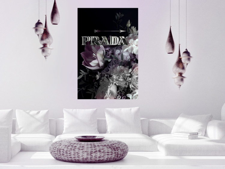 Poster Prada in Flowers - composition of flowers and silver text on a black background 131798 additionalImage 11