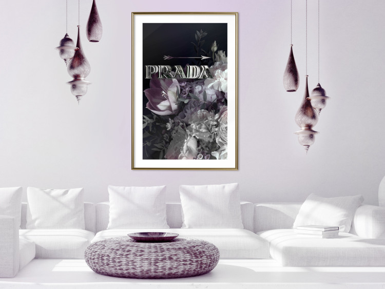 Poster Prada in Flowers - composition of flowers and silver text on a black background 131798 additionalImage 13