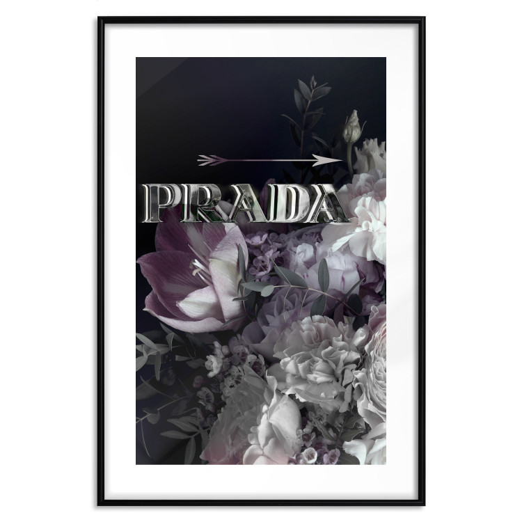 Poster Prada in Flowers - composition of flowers and silver text on a black background 131798 additionalImage 15