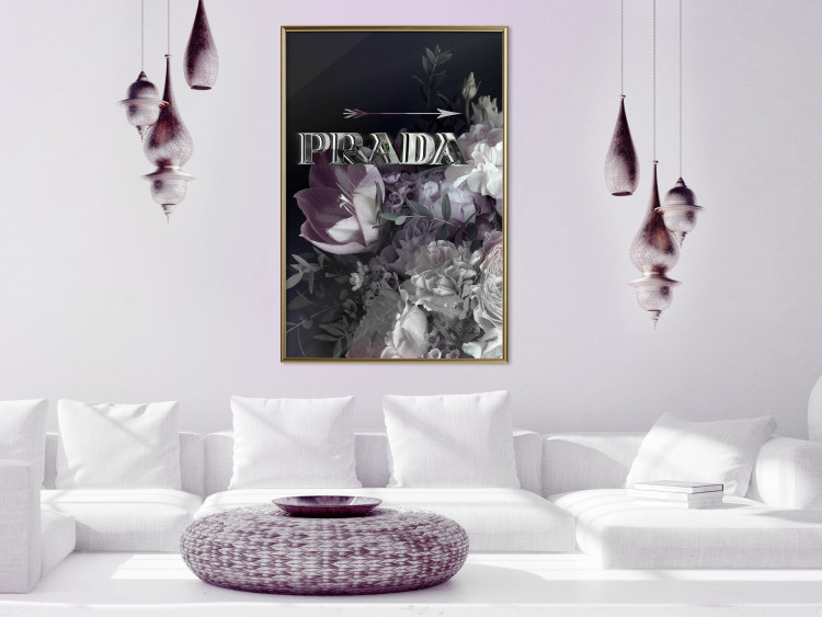 Poster Prada in Flowers - composition of flowers and silver text on a black background 131798 additionalImage 10