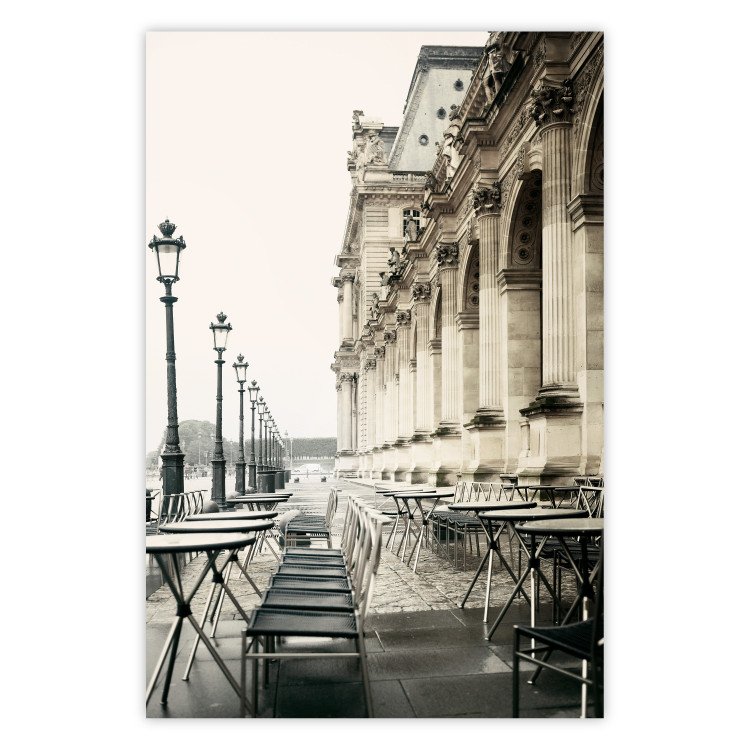 Poster Deserted Cafes - landscape of chairs and tables against architectural backdrop 132298