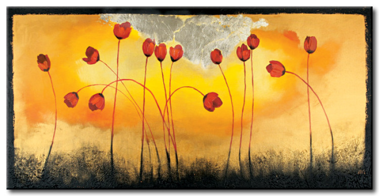 Canvas Print Red Poppies on Yellow Background (1-piece) - abstraction with flowers 46598