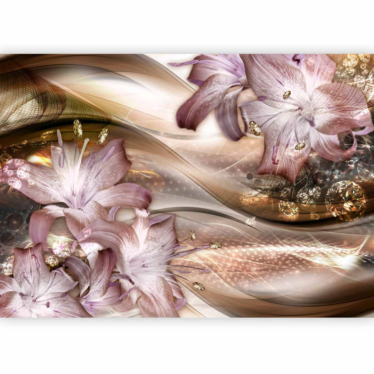 Photo Wallpaper Magic lilies - flower motif on a brown and gold composition with waves 107709 additionalImage 1