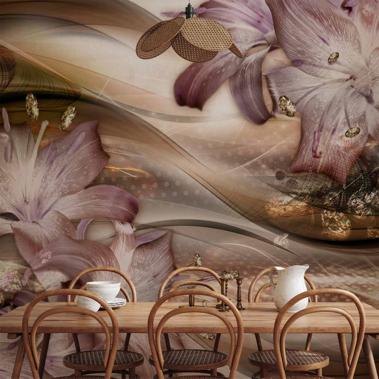 Photo Wallpaper Magic lilies - flower motif on a brown and gold composition with waves 107709 additionalImage 6