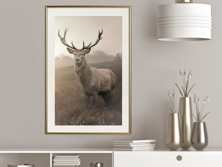 Poster Sepia Deer - autumn landscape with an animal amid field grass 119209 additionalImage 21