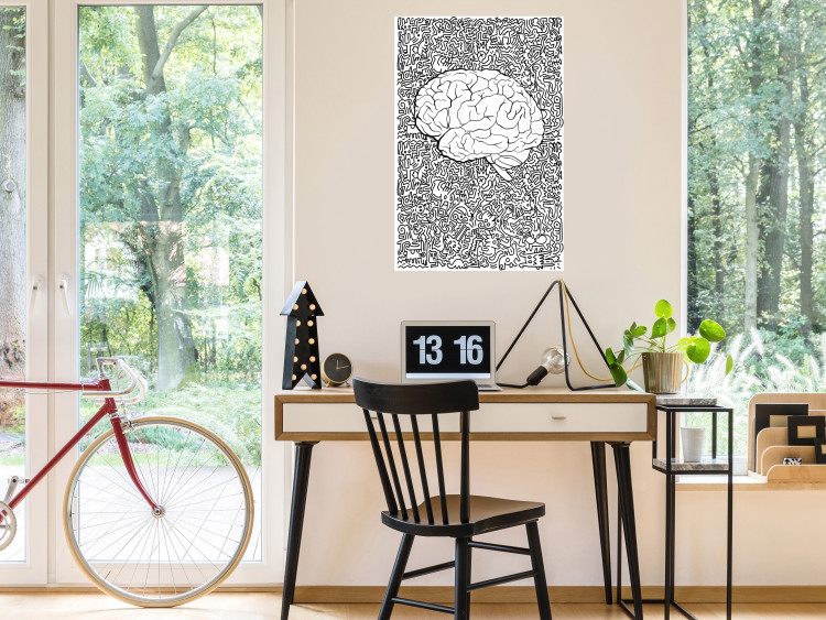 Poster Clear Mind - black and white human brain on abstract patterned background 127909 additionalImage 2