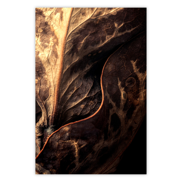 Wall Poster Tangled Trace - golden leaf with distinct texture on a black background 130509