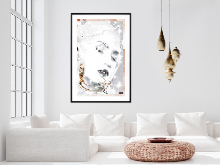 Wall Poster Beautiful Winter Lady - black and white portrait of a woman with a golden glow 134509 additionalImage 18