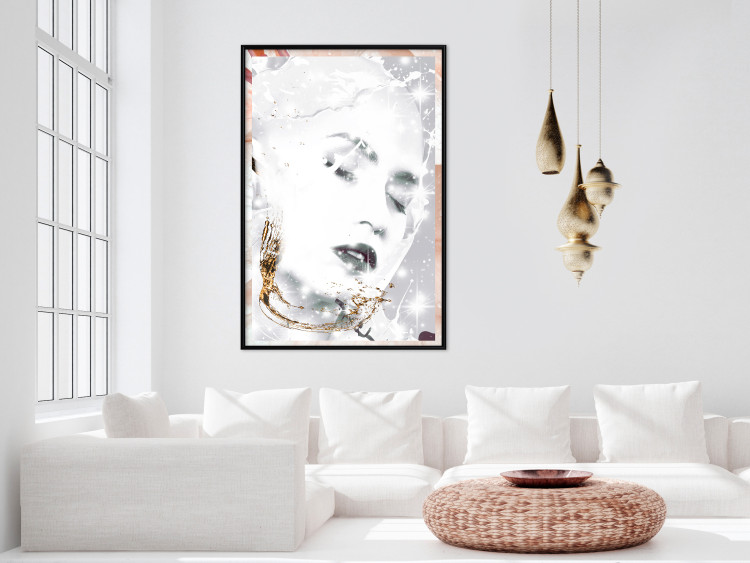 Wall Poster Beautiful Winter Lady - black and white portrait of a woman with a golden glow 134509 additionalImage 12