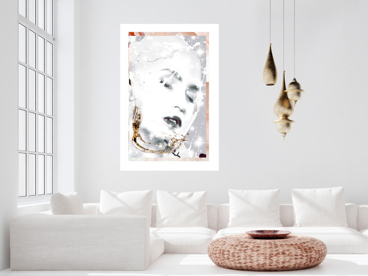 Wall Poster Beautiful Winter Lady - black and white portrait of a woman with a golden glow 134509 additionalImage 4