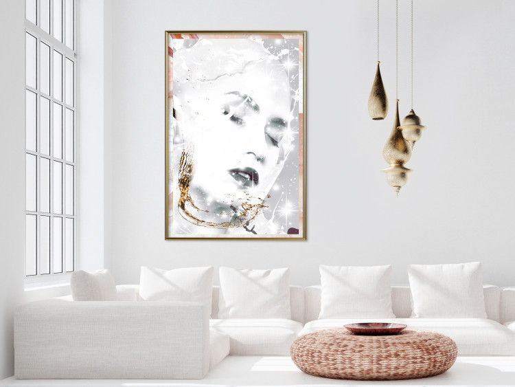 Wall Poster Beautiful Winter Lady - black and white portrait of a woman with a golden glow 134509 additionalImage 3