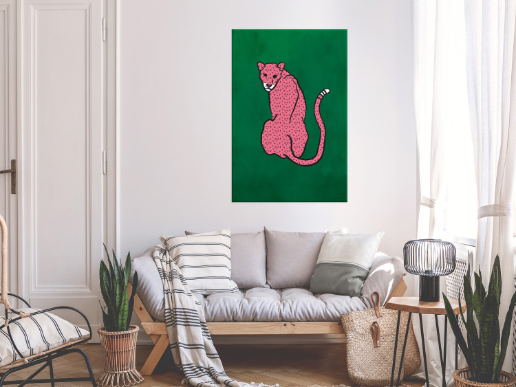 Canvas Art Print Pink Cheetah (1-piece) Vertical - wild cat on an emerald background 142609 additionalImage 3