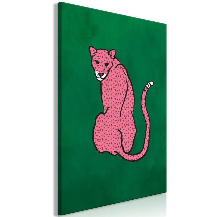 Canvas Art Print Pink Cheetah (1-piece) Vertical - wild cat on an emerald background 142609 additionalImage 2