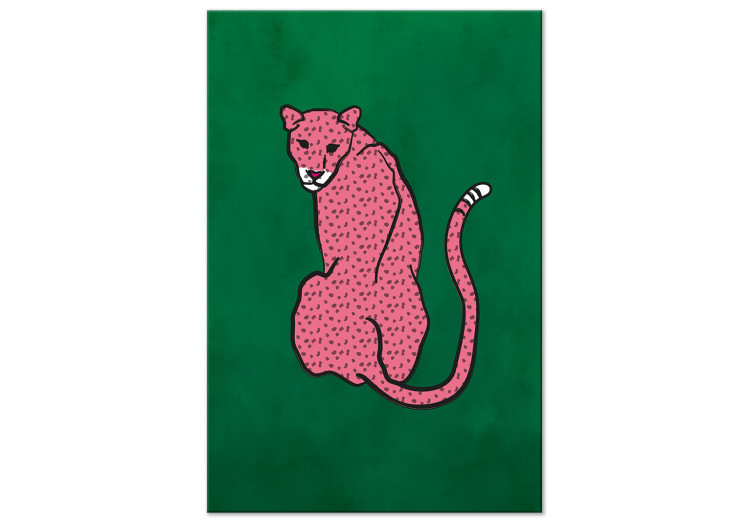 Canvas Art Print Pink Cheetah (1-piece) Vertical - wild cat on an emerald background 142609