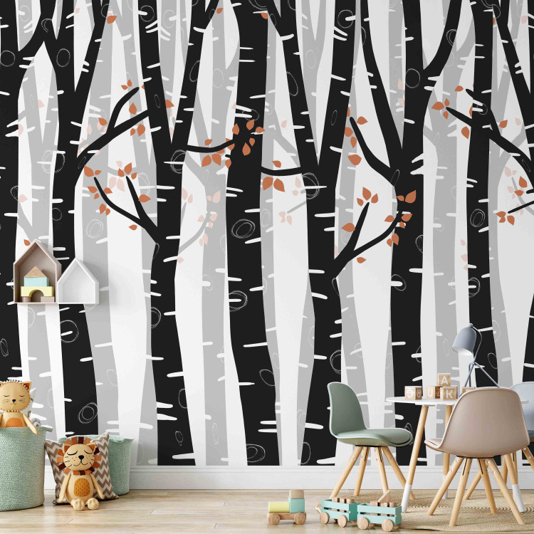 Wall Mural Birch forest - black and white trees with brown leaves on branches 145109 additionalImage 4