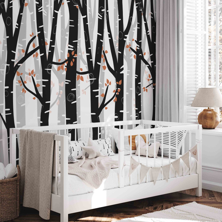 Wall Mural Birch forest - black and white trees with brown leaves on branches 145109 additionalImage 6
